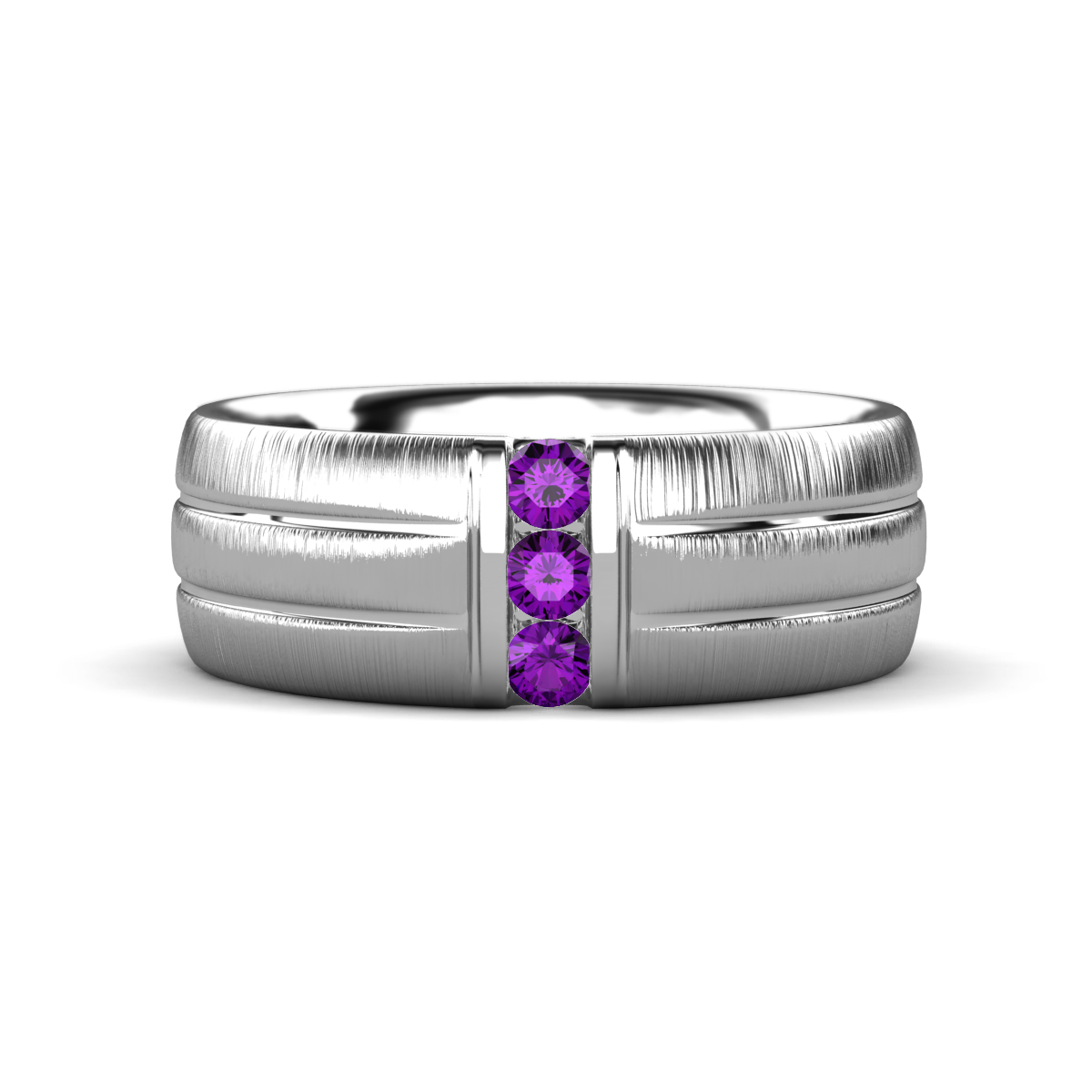 LeBron Round Amethyst with Brushed and Polished Finish Three Stone Men's Wedding Band (8 mm) 
